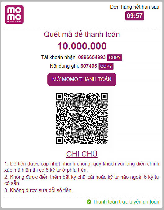 Quét mã QR của ví Momo hoặc Zalo Pay