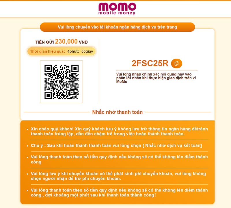 Mở app Momo và quét mã QR để thanh toán